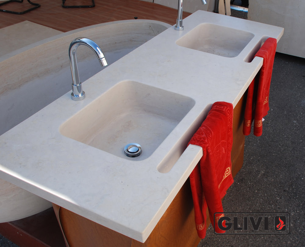 Двойная мойка из мрамора Crema Marfil