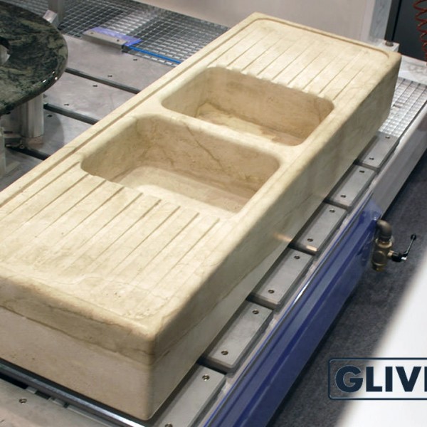 Двойная мойка из блока мрамора Breccia Sardo